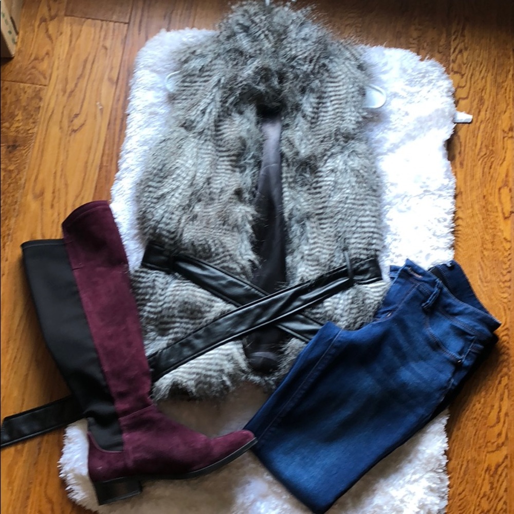 Faux fur vest with faux leather belt